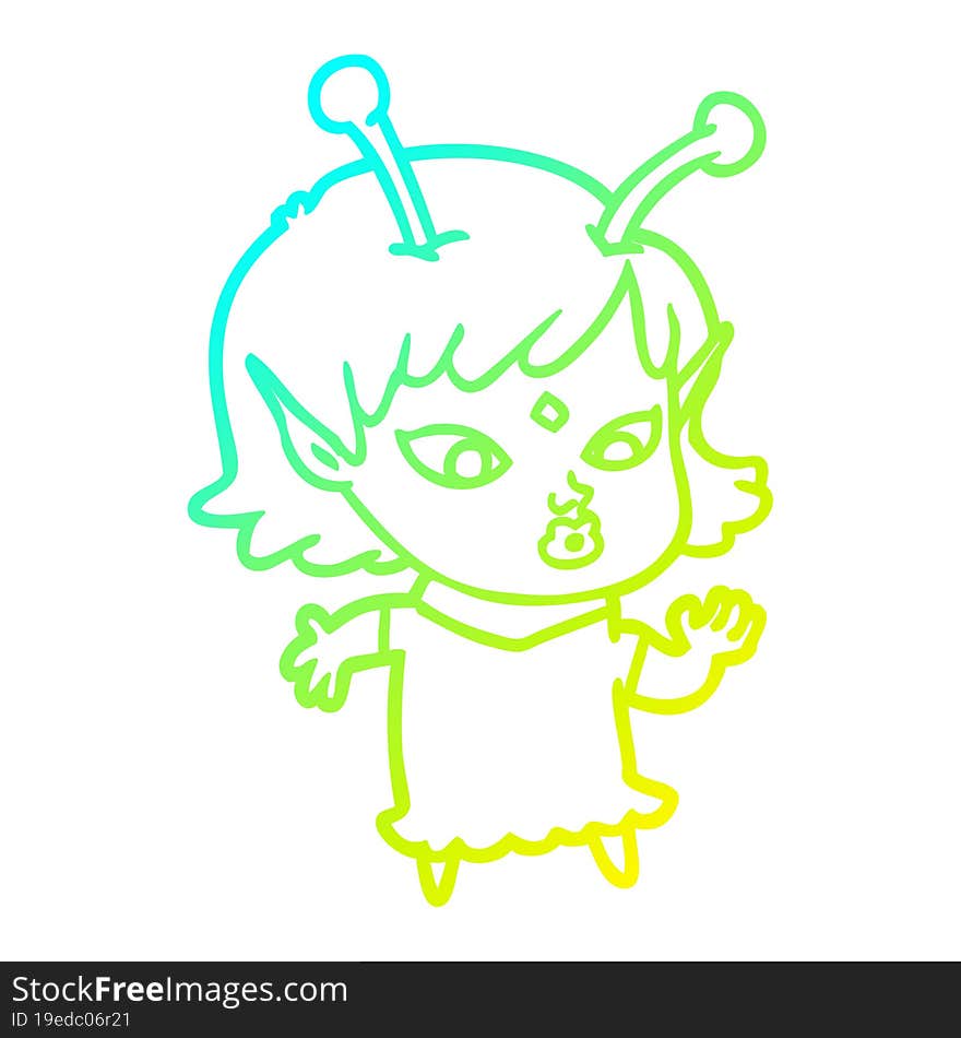 cold gradient line drawing pretty cartoon alien girl