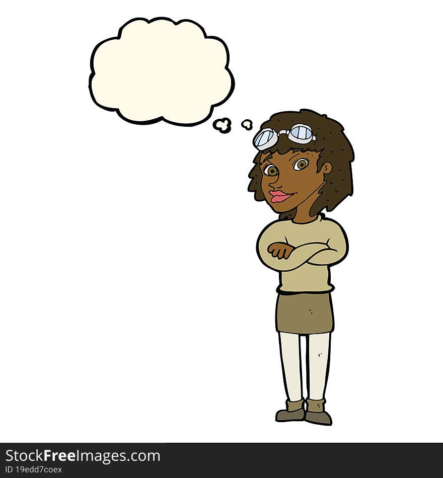 cartoon woman with crossed arms and safety goggles with thought bubble