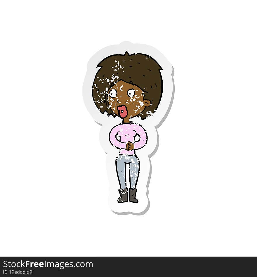 retro distressed sticker of a cartoon surprised woman