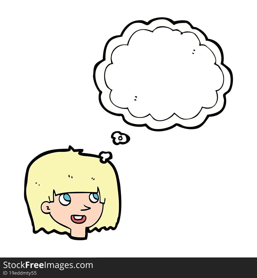 cartoon happy female face with thought bubble