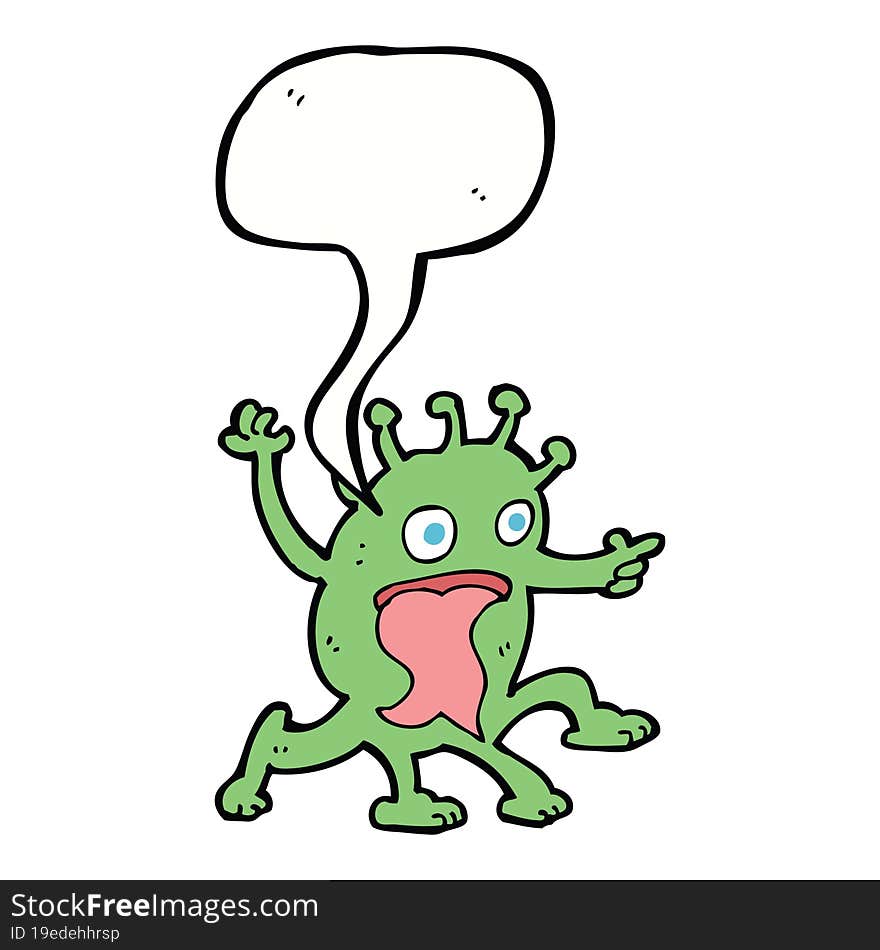 cartoon weird little alien with speech bubble