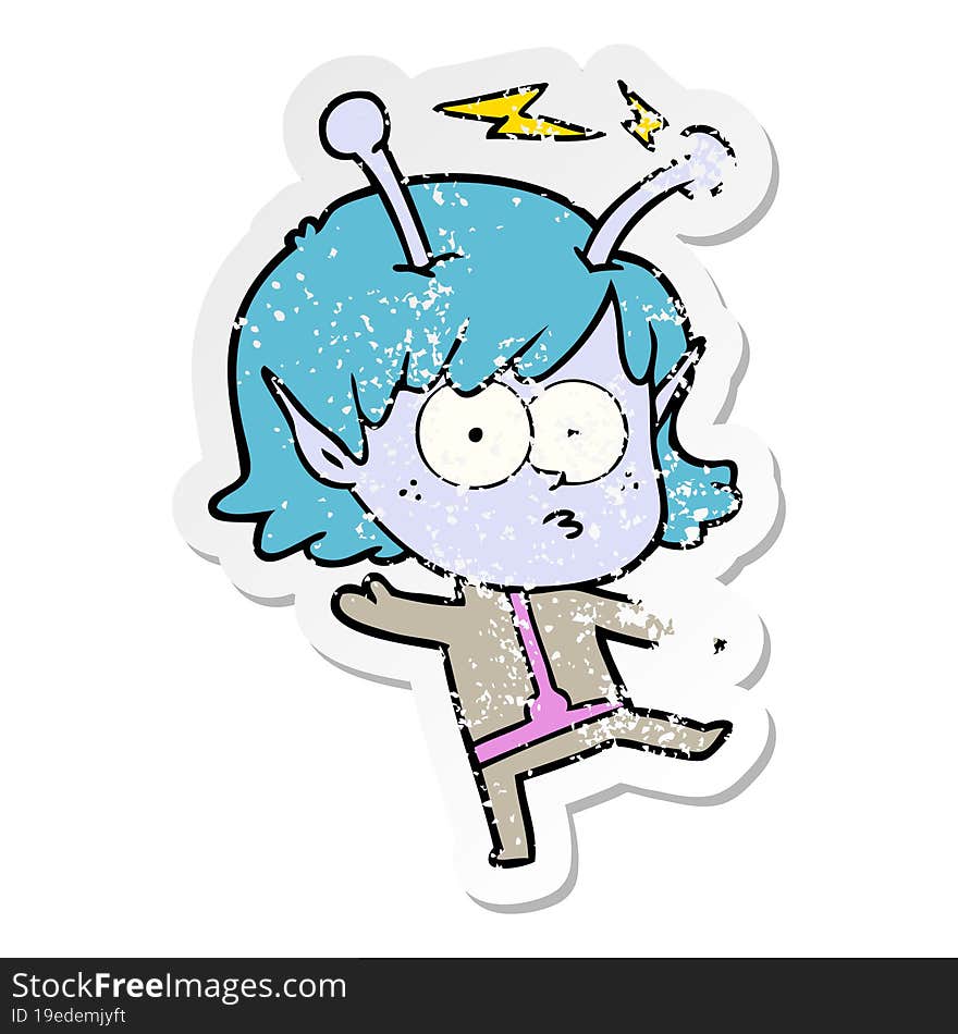 distressed sticker of a cartoon alien girl