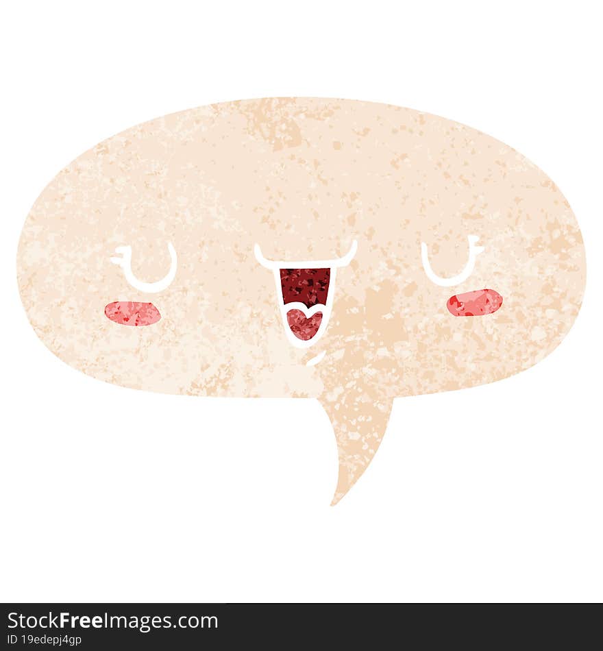 cute happy face cartoon and speech bubble in retro textured style