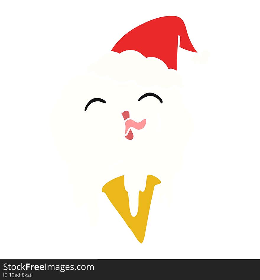 flat color illustration of a melting ice cream wearing santa hat