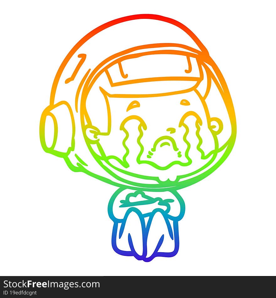 rainbow gradient line drawing of a cartoon crying astronaut