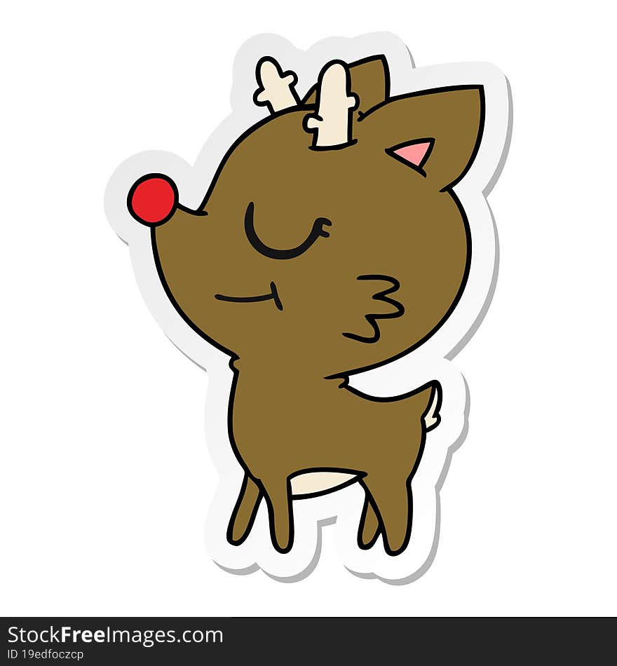 freehand drawn sticker cartoon of cute red nosed reindeer