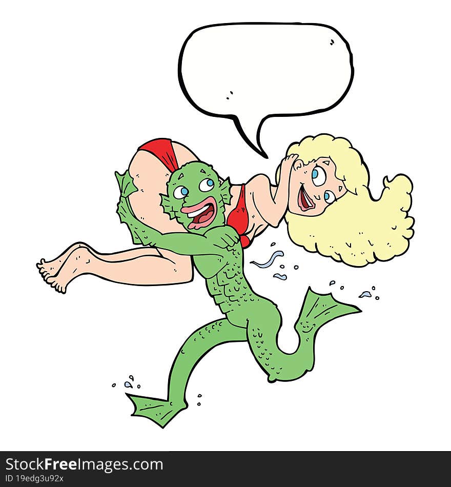 cartoon swamp monster carrying girl in bikini with speech bubble