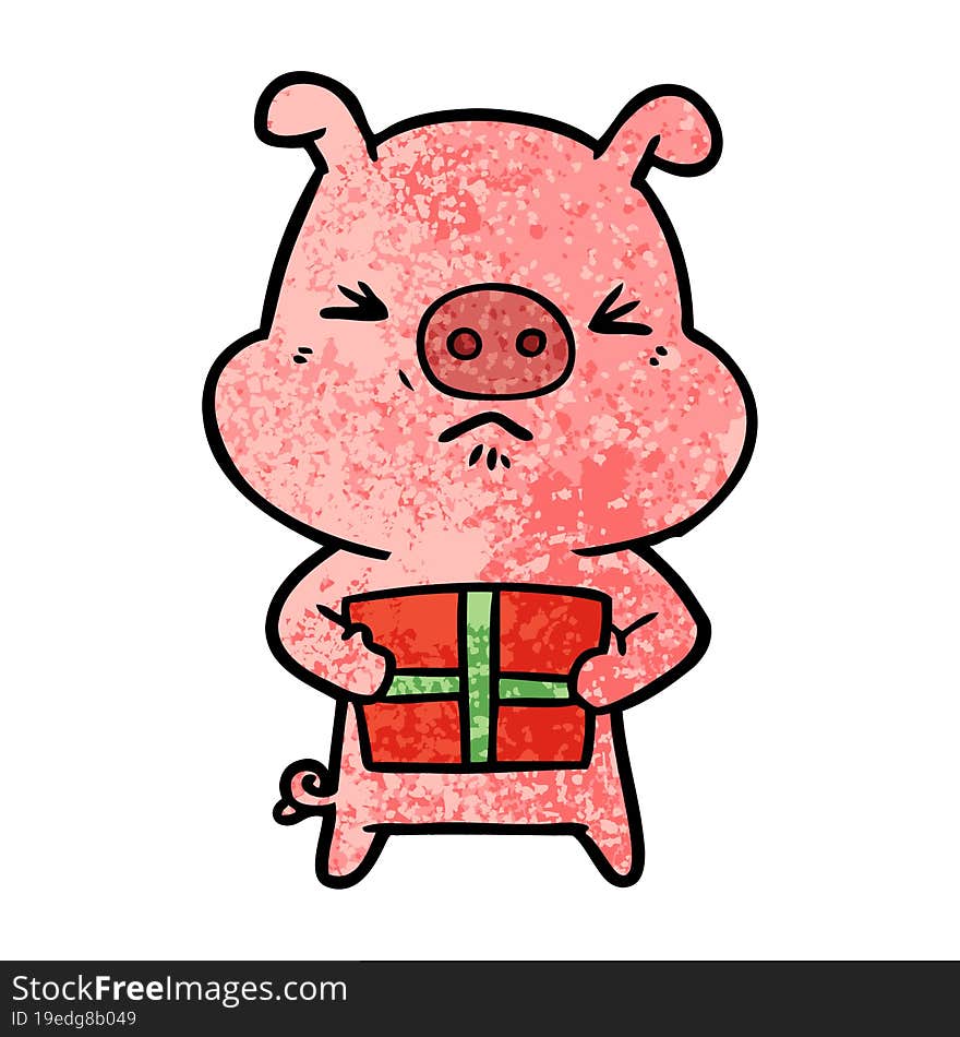 cartoon angry pig with christmas present. cartoon angry pig with christmas present