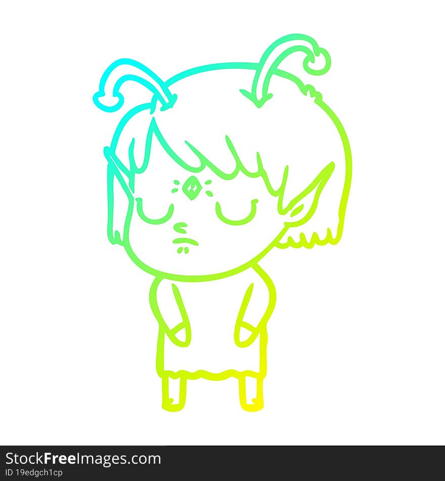 cold gradient line drawing of a cartoon alien girl