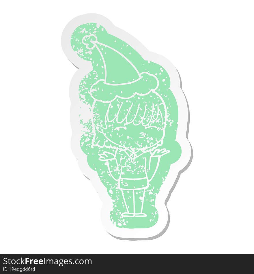 quirky cartoon distressed sticker of a woman wearing santa hat