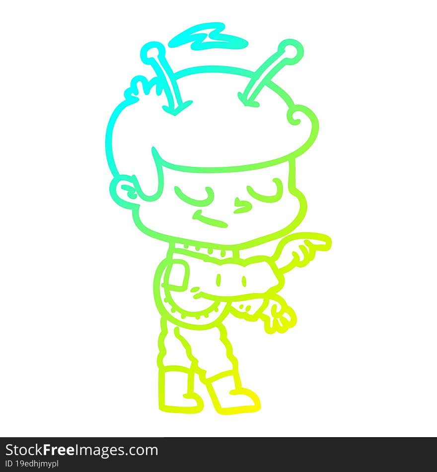 cold gradient line drawing friendly cartoon spaceman pointing