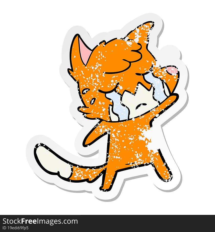 Distressed Sticker Of A Crying Waving Fox Cartoon