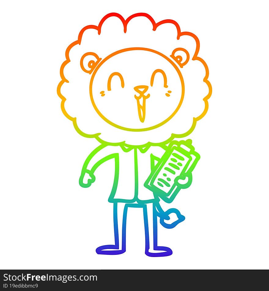 rainbow gradient line drawing of a laughing lion cartoon