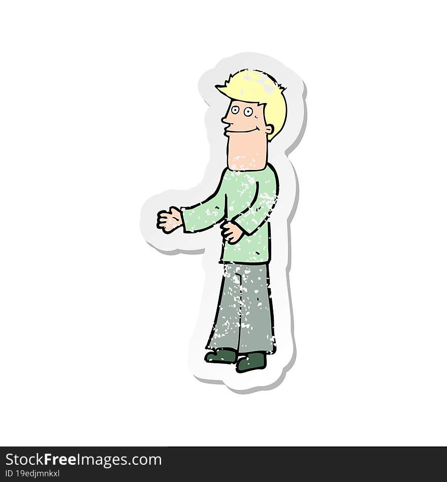 Retro Distressed Sticker Of A Cartoon Man Shrugging Shoulders