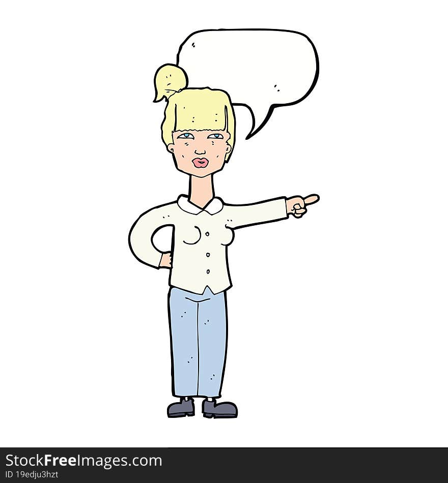 cartoon woman pointing with speech bubble