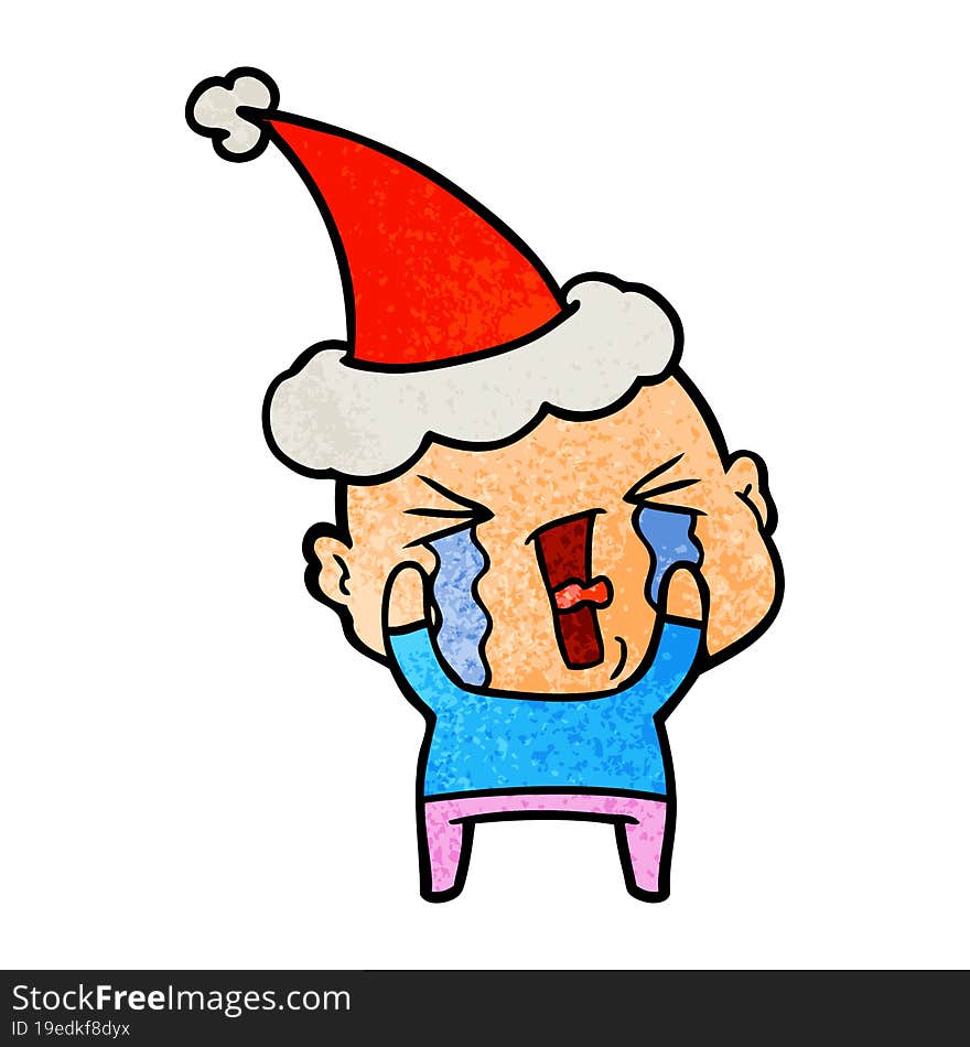 textured cartoon of a crying bald man wearing santa hat