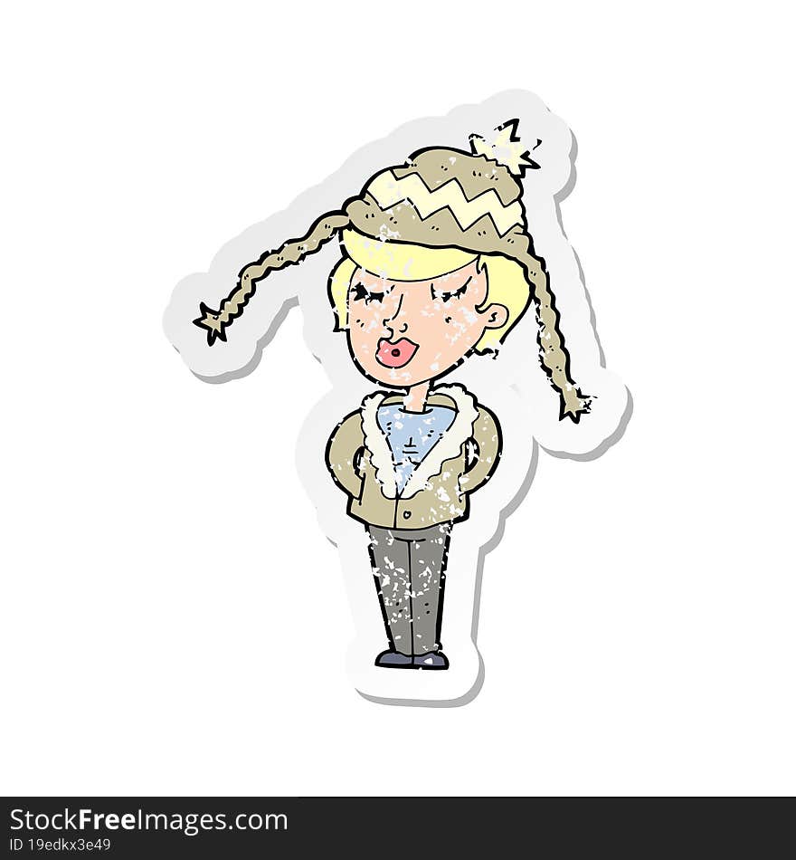 retro distressed sticker of a cartoon woman wearing winter hat