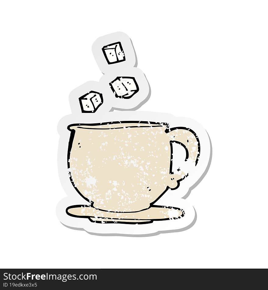 retro distressed sticker of a cartoon teacup with sugar cubes