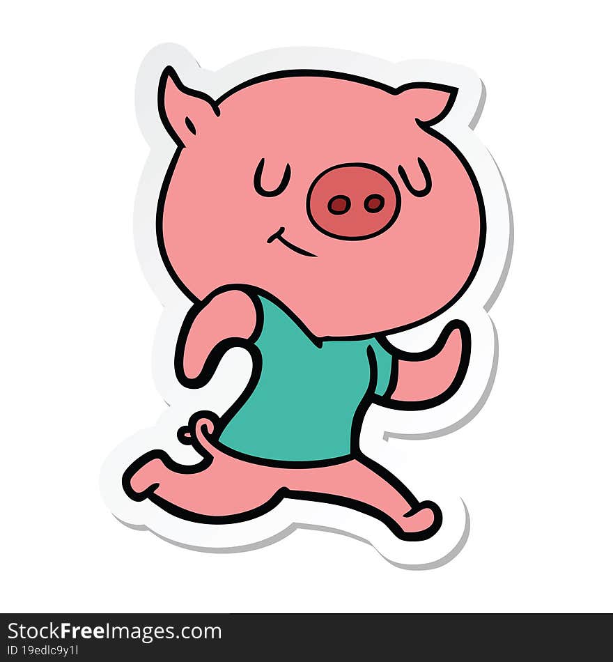 sticker of a happy cartoon pig running