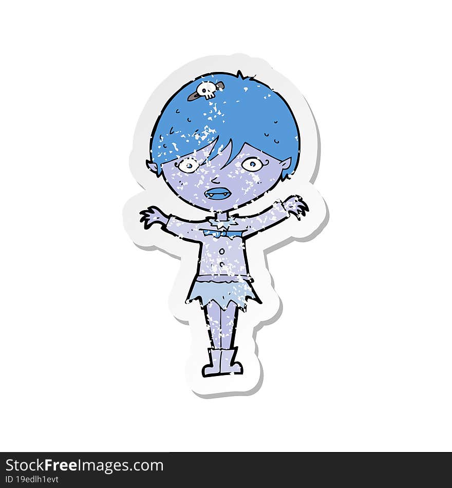 retro distressed sticker of a cartoon waving vampire girl