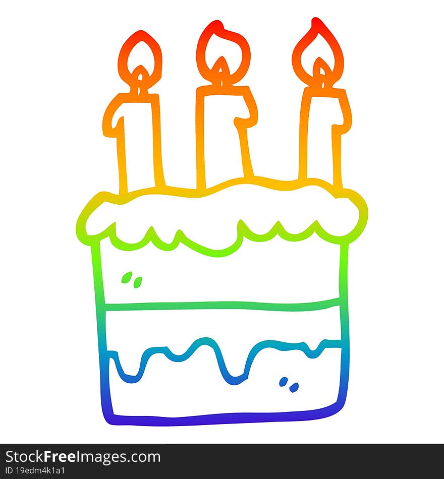 rainbow gradient line drawing of a cartoon birthday cake