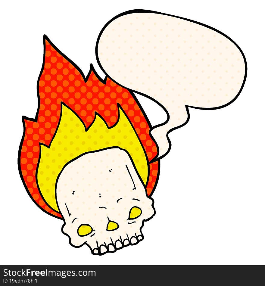 spooky cartoon flaming skull with speech bubble in comic book style