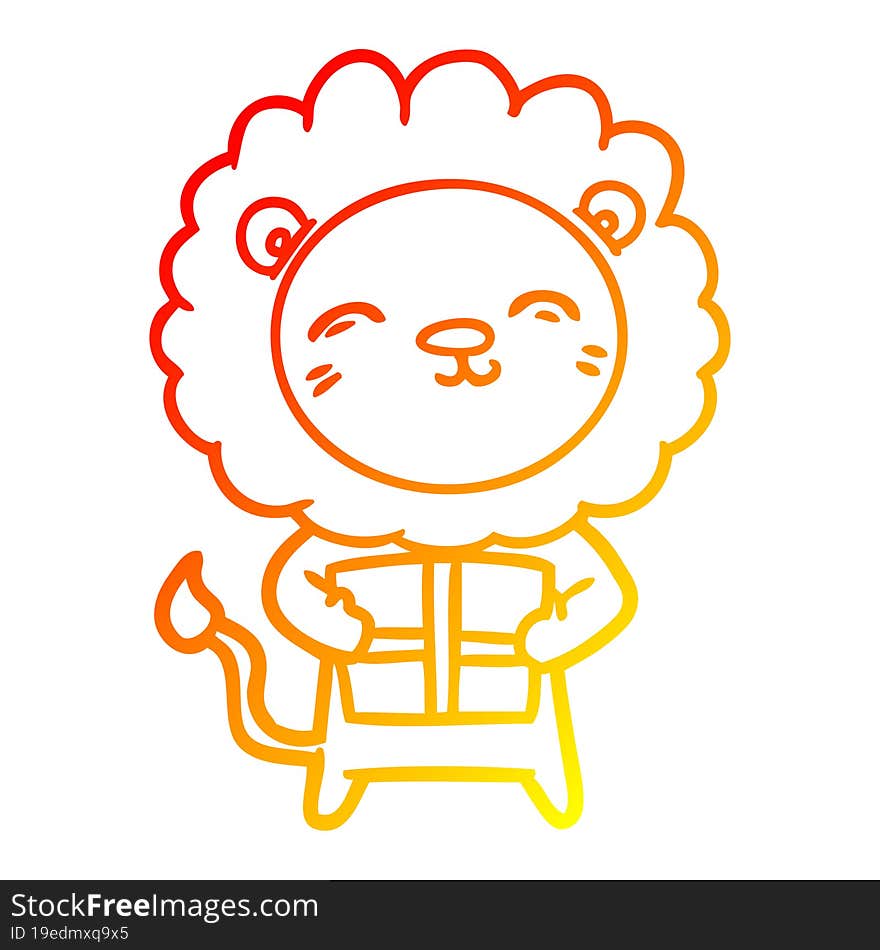 warm gradient line drawing of a cartoon lion with christmas present