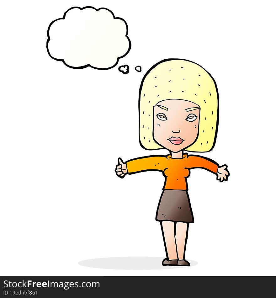 cartoon woman giving thumbs up symbol with thought bubble