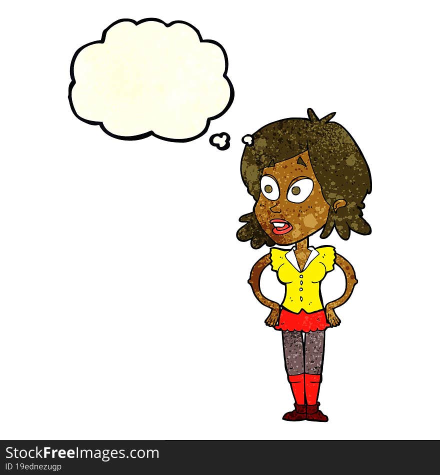 cartoon woman with hands on hips with thought bubble