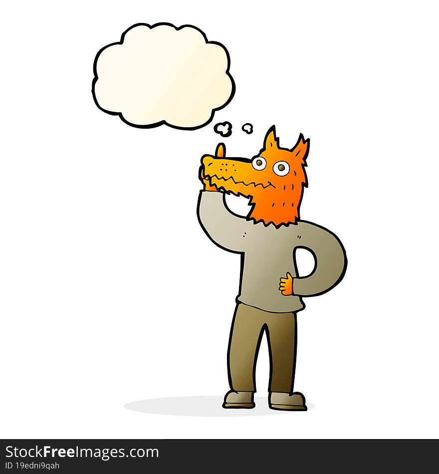 cartoon fox man with idea with thought bubble