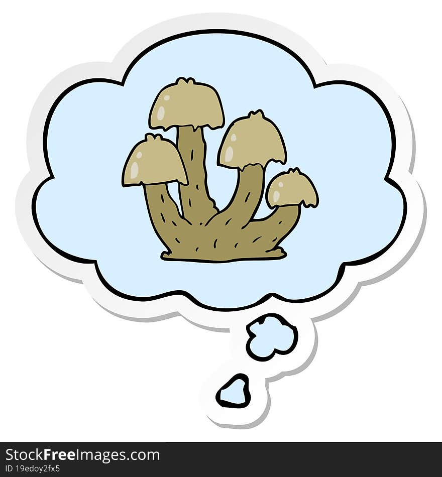 cartoon mushrooms and thought bubble as a printed sticker