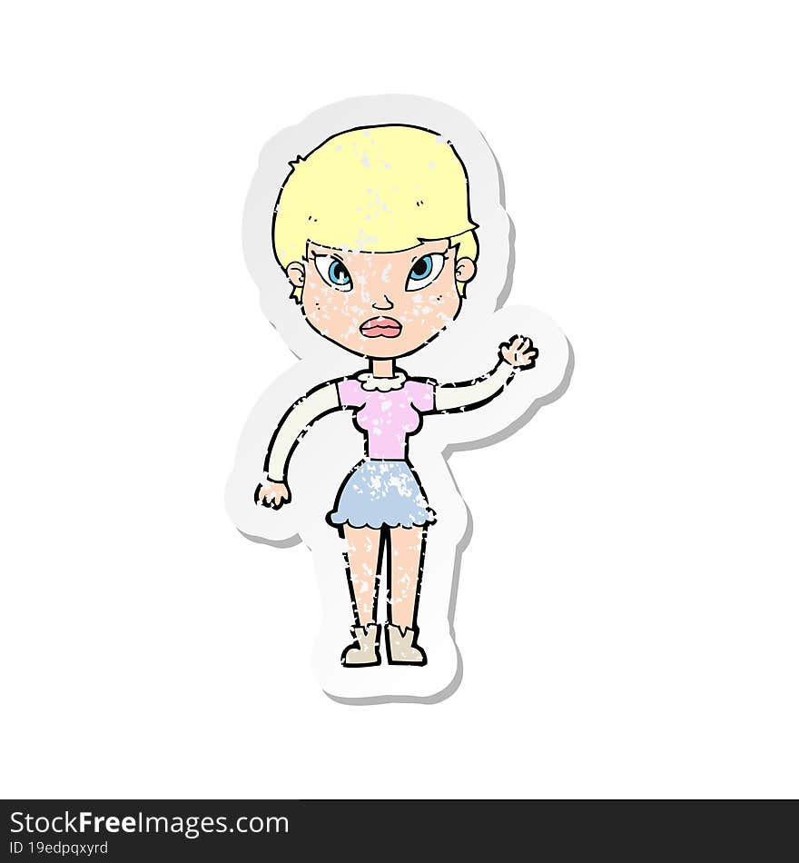 retro distressed sticker of a cartoon woman waving