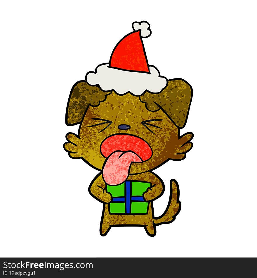 Textured Cartoon Of A Dog With Christmas Present Wearing Santa Hat