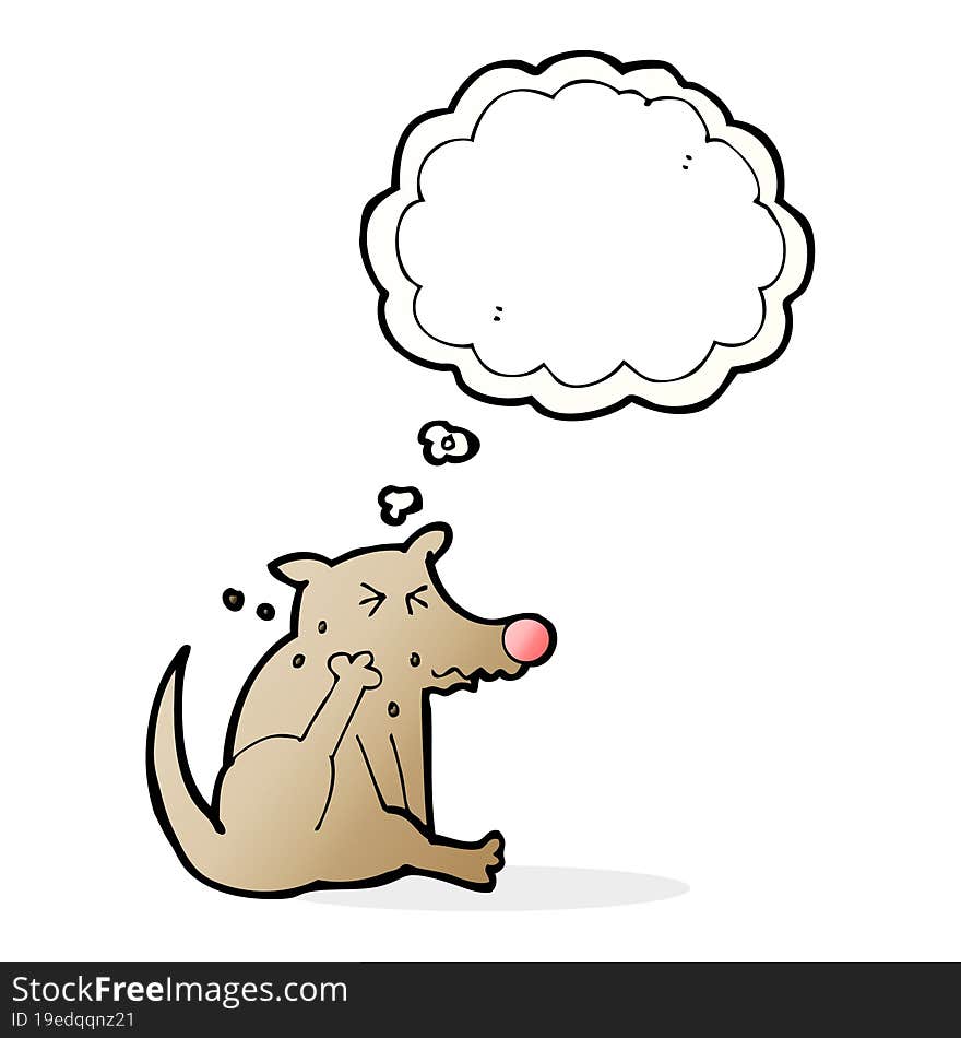 cartoon dog scratching with thought bubble