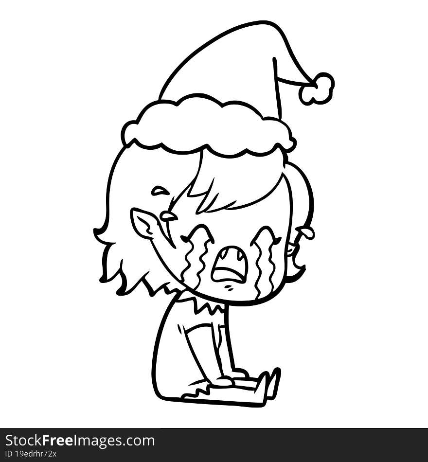 line drawing of a crying vampire girl wearing santa hat