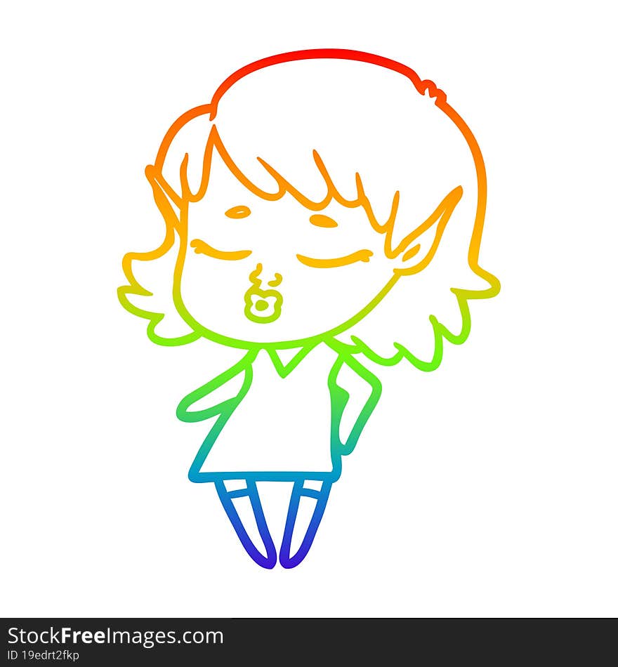 rainbow gradient line drawing of a pretty cartoon elf girl