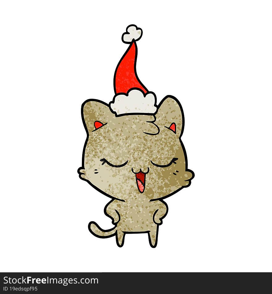 happy textured cartoon of a cat wearing santa hat