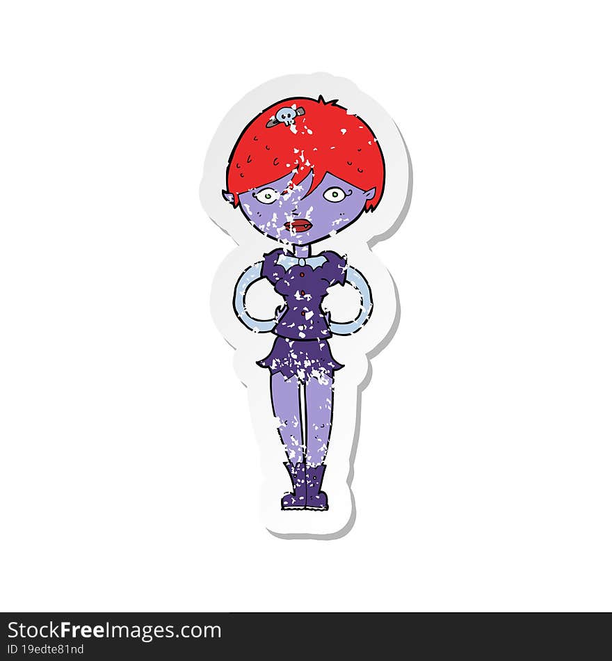 retro distressed sticker of a cartoon pretty vampire girl