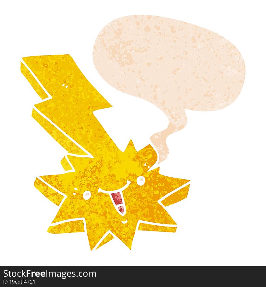 cartoon lightning strike and speech bubble in retro textured style