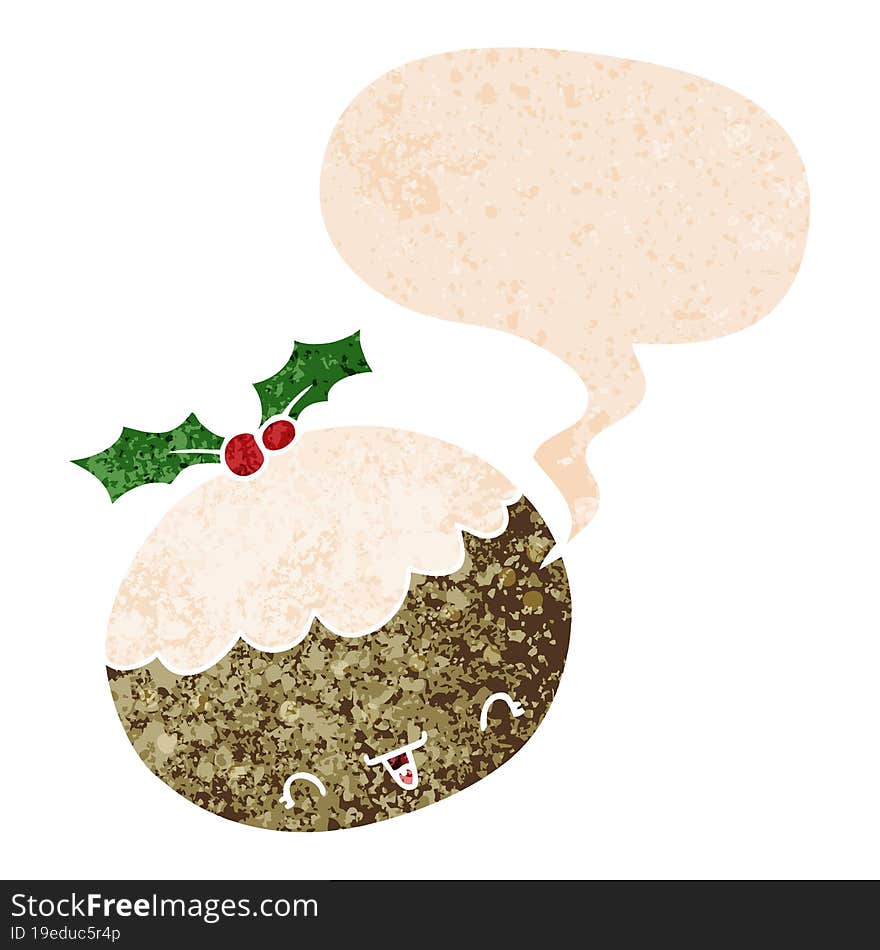 cute cartoon christmas pudding and speech bubble in retro textured style