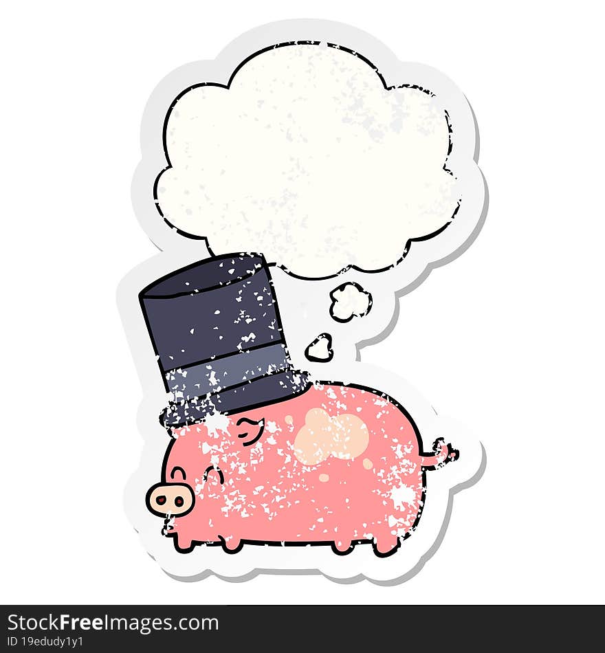 cartoon pig wearing top hat and thought bubble as a distressed worn sticker