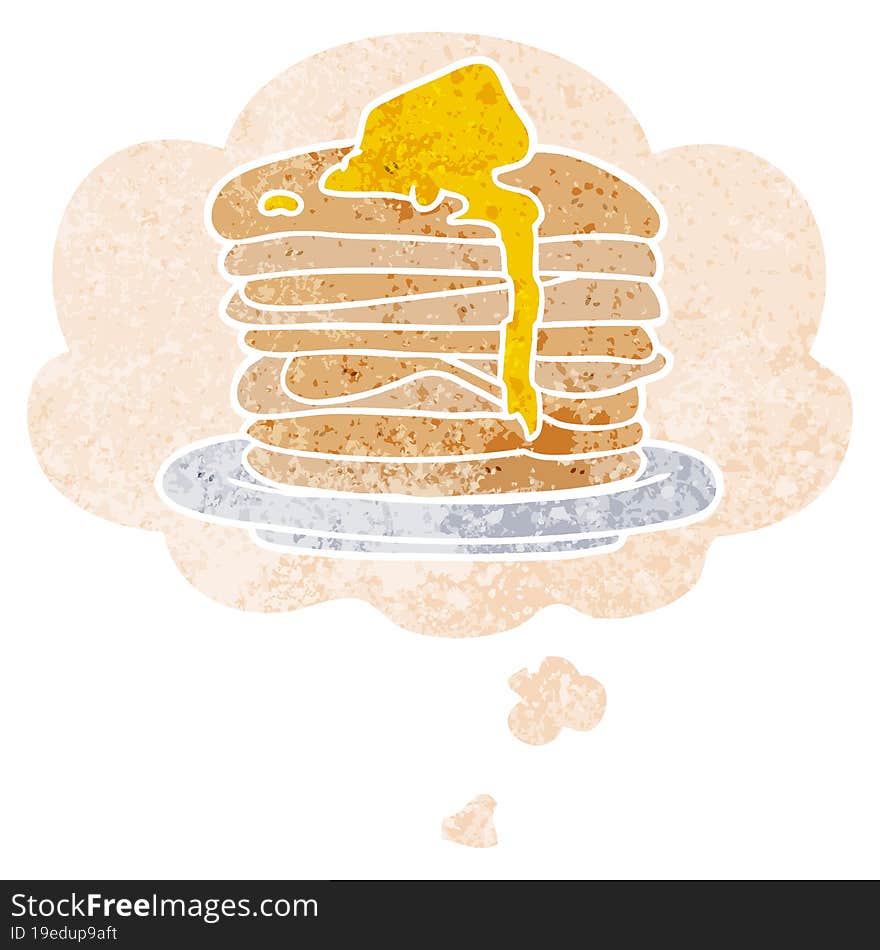 cartoon stack of pancakes and thought bubble in retro textured style