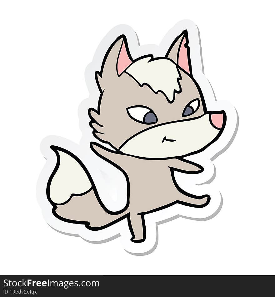 sticker of a friendly cartoon wolf dancing