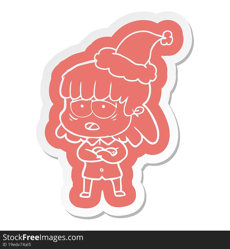 Cartoon  Sticker Of A Tired Woman Wearing Santa Hat