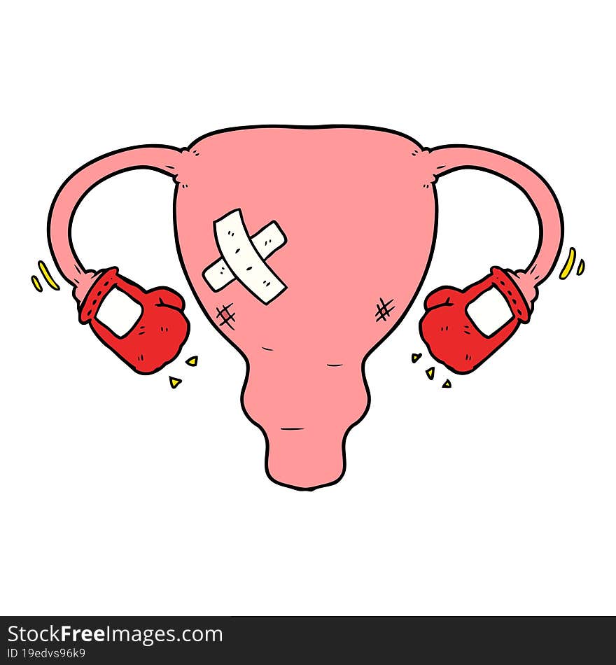 cartoon beat up uterus with boxing gloves. cartoon beat up uterus with boxing gloves