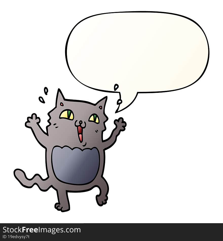 cartoon crazy excited cat and speech bubble in smooth gradient style