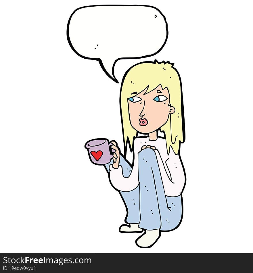 cartoon woman sitting with cup of coffee with speech bubble