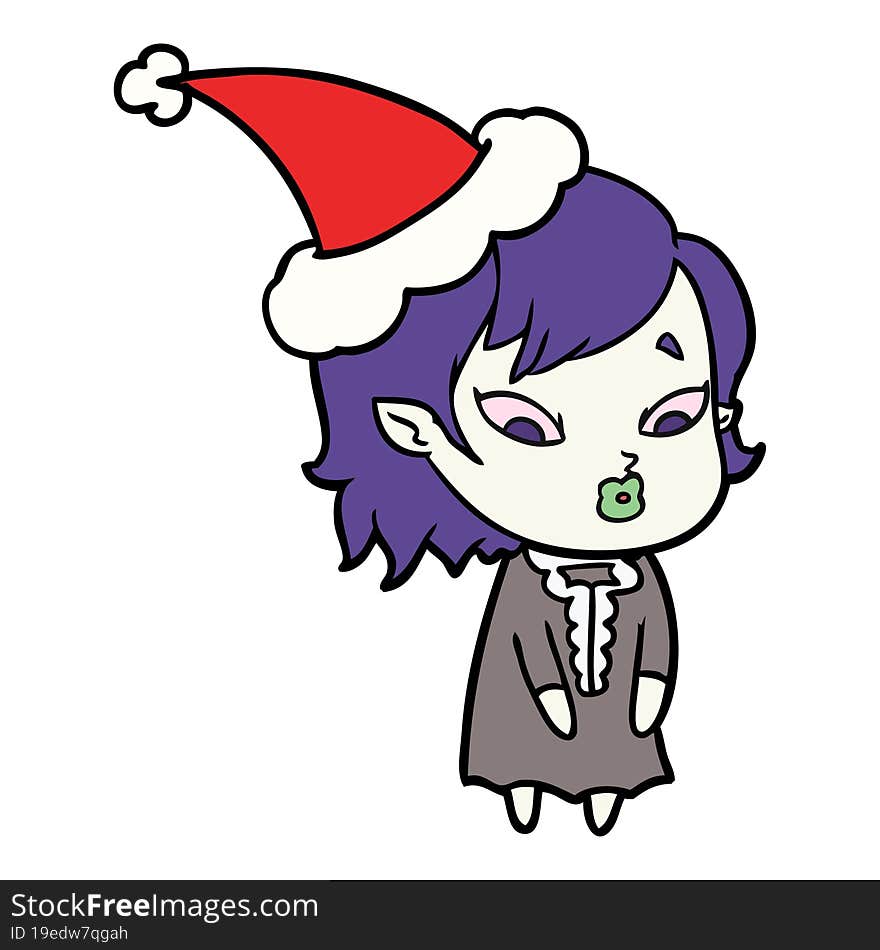 cute line drawing of a vampire girl wearing santa hat