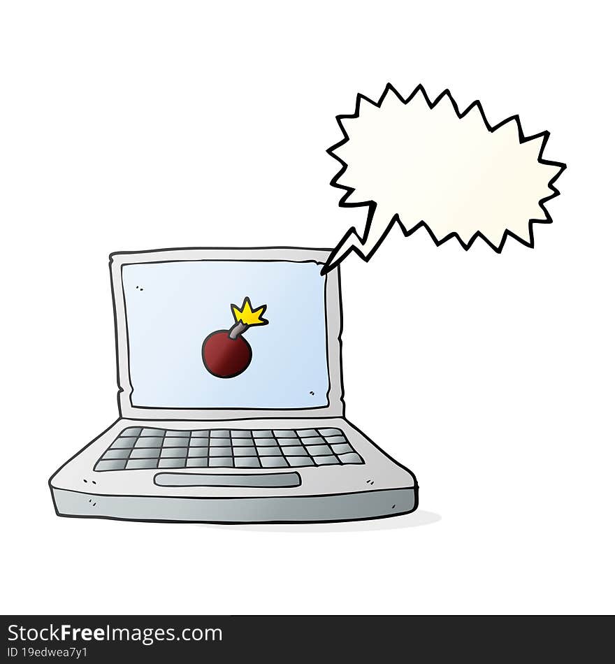 freehand drawn speech bubble cartoon laptop computer with bomb symbol