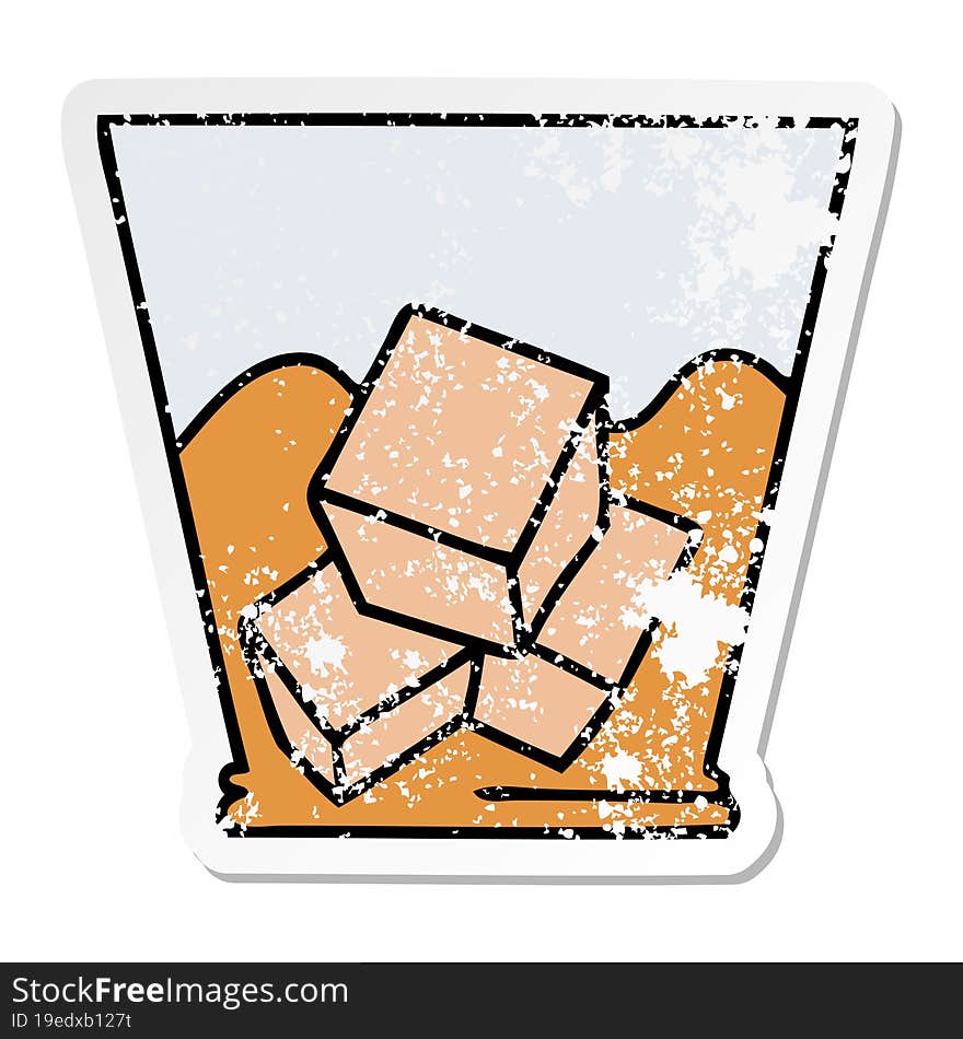 distressed sticker of a quirky hand drawn cartoon whisky and ice